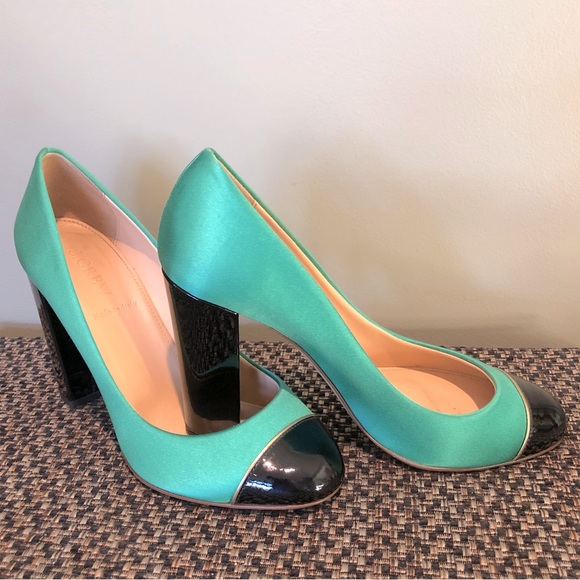 J. Crew Shoes J Crew Green Satin Etta Heels Black Patent Leather